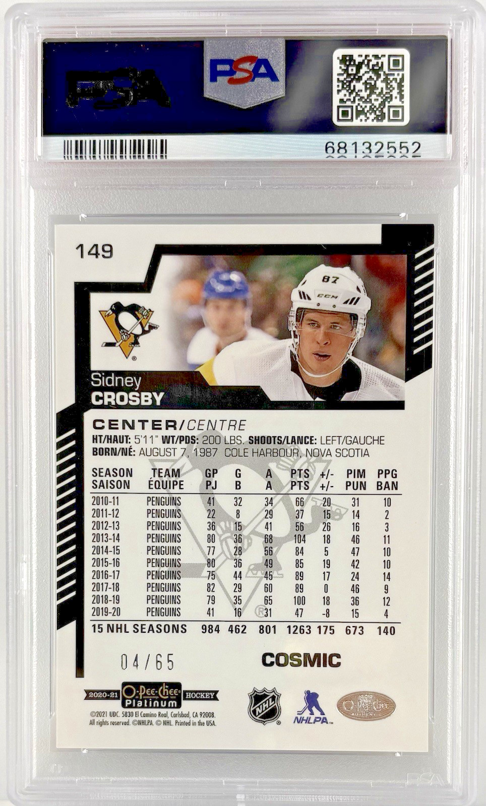 2020 O.P.C Platinum Sidney Crosby Cosmic #149 PSA 8 4/65 view 2