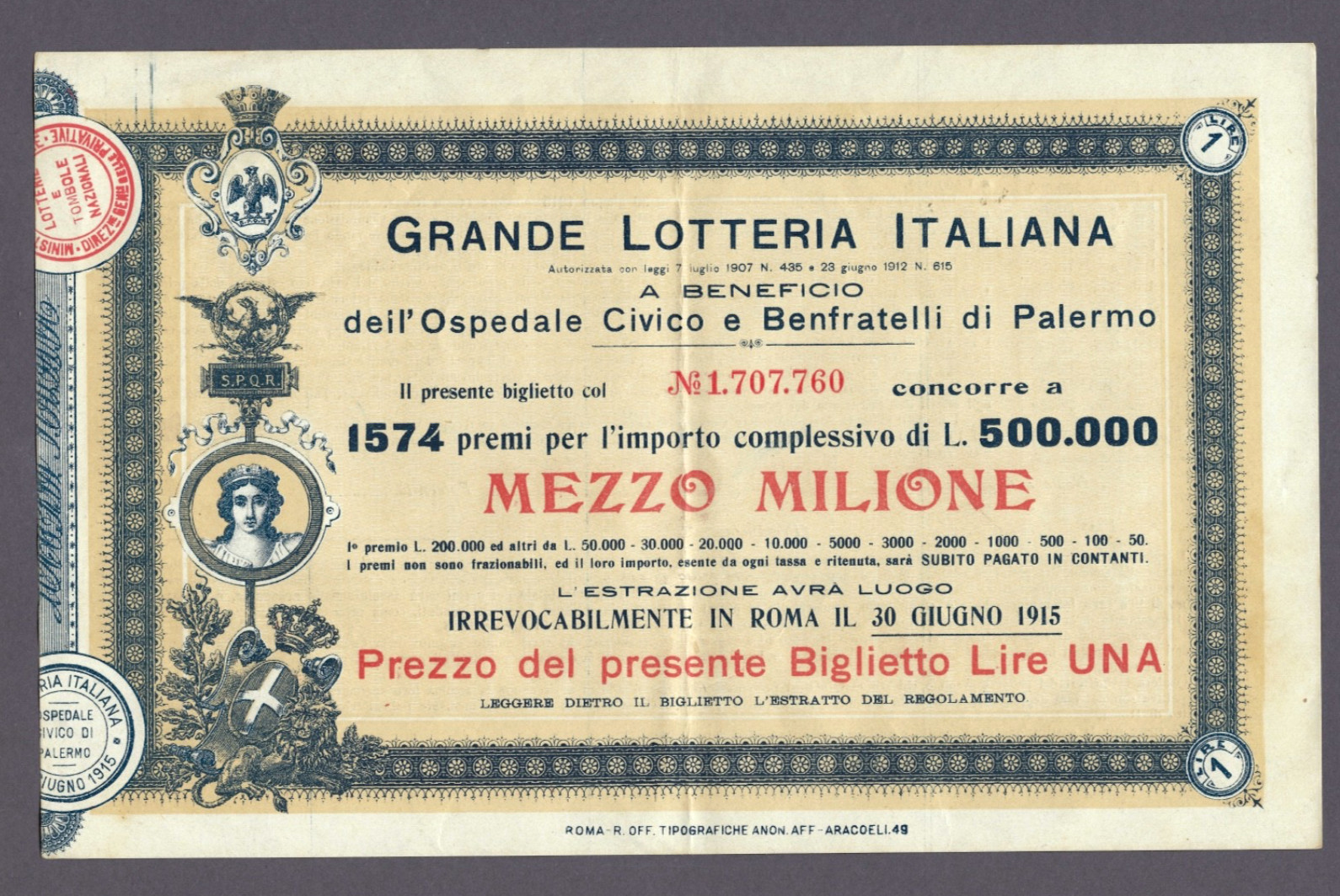 BIGLIETTO GRANDE LOTTERIA ITALIANA OSPEDALE CIVICO E BENFRATELLI PALERMO 1915