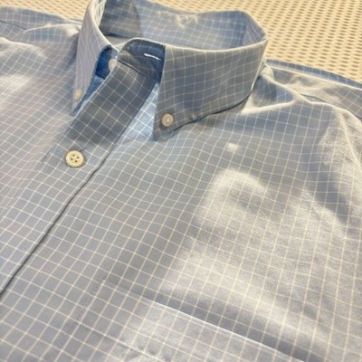LL Bean Men's Size L Button Down Short Sleeve Shirt Traditional Blue Plaid C41