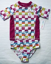 NWT Dot & Zazz Girl Swim XS 4/5 Bathing suit 2pc Bikini Shirt Checkered UPF50