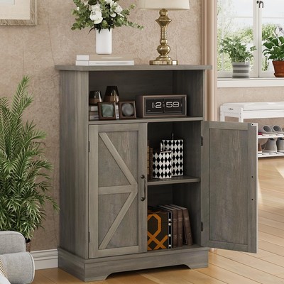 Bathroom Floor Storage Cabinet with Doors and Adjustable Shelf, Grey Kitchen ...