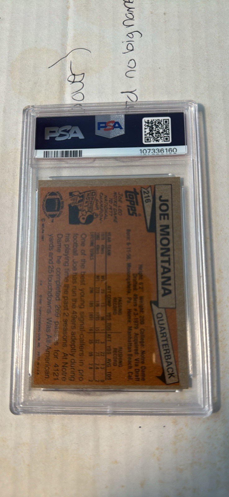 1981 Topps - Joe Montana #216 (RC) PSA 7 view 2