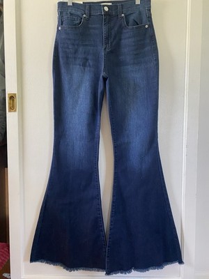 Sneak Peek High Rise Flare Jeans Women Dark Wash Stretch Raw Hem Boho 30x32 NWT