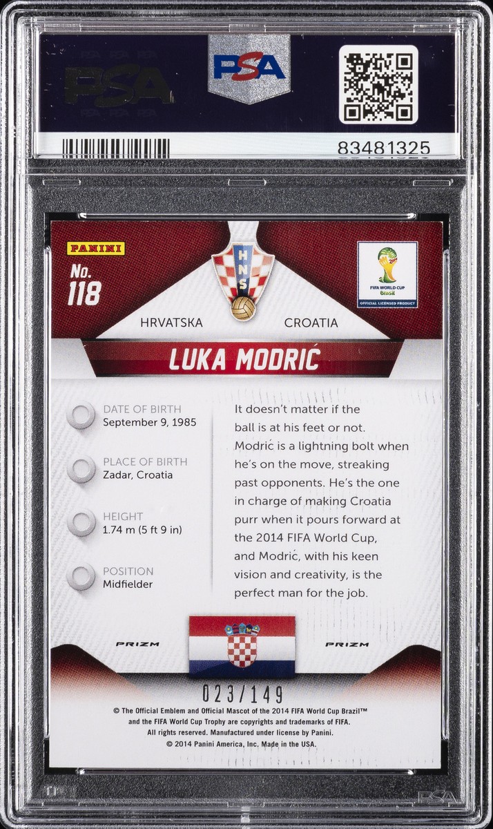 2014 PANINI PRIZM WORLD CUP RED PRIZM #118 LUKA MODRIC 23/149 PSA 