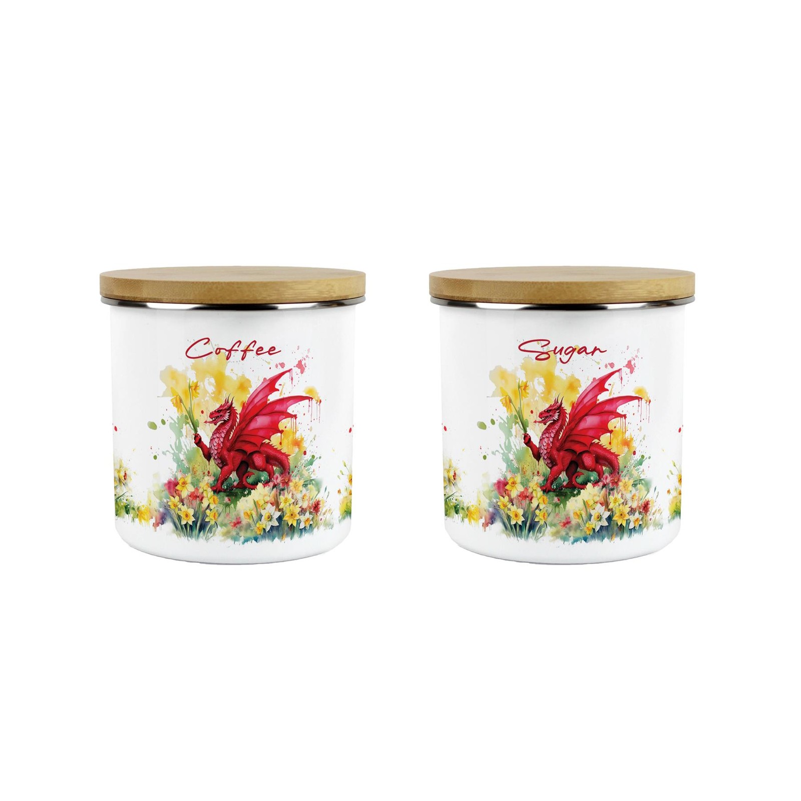 Daffodils & Dragon Welsh Coffee & Sugar Canisters - Cymru Kitchen Storage Gift