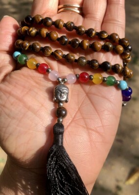 6mm Rnd 108+1 Perlen Original Tigerauge + 7 Chakra Jaap Rosenkranz, Japa Mala