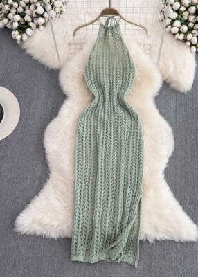 Lady Knitted Dresses Halter Neck Lace-up Side Slit Hollow Breathable Casual  Top