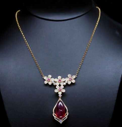 Heated 12X23mm. Red Ruby Tourmaline Cubic-Zirconia Necklace Silver 925 Sterling