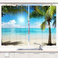 Tropical Sea Palm Kitchen Curtains Window Drapes 2 Panel Set with Gliders Hooks