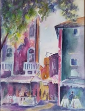 Painter Suzanne Obrand, Holocaust Survivor, Watercolor "European Cafe"
