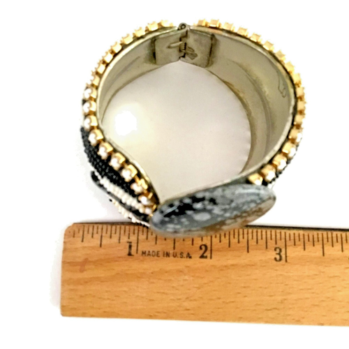 VTG HANSEN Signed 1988 Obsidian Stone Beaded Cuff Bracelet Clip-On Earrings Set - Picture 13 of 16