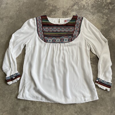 Llana Embroidered Boho Blouse White Multicolor Bib Neck Peasant Top Large