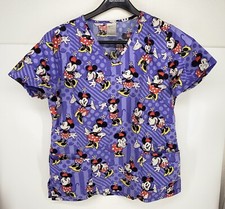 Disney V-Neck Scrub Top Minnie Mouse Dressed Up with Her Hat 3 Pockets Wmn Sz M
