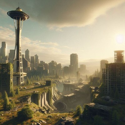 Post Apocalyptic American City Seattle Space Needle Plaza Ruins Poster Art Print