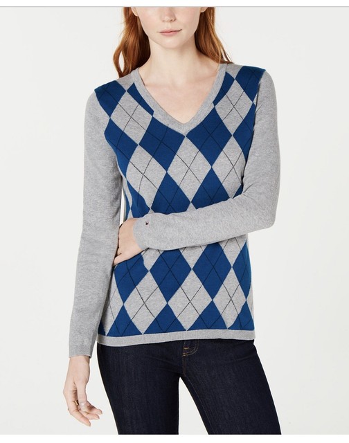 TOMMY HILFIGER Women's Gray/teal Cotton Argyle-front V-Neck Sweater Top XL | eBay
