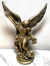 Angel Statue ARCHANGEL MICHAEL gold tone STOMPING DEMON standing SWORD book NEW