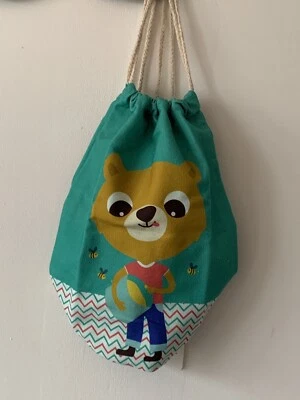 Sac à dos bleu tissu coton - Ourson miel Emeraude - enfant école nounou crèche - Photo 1/4