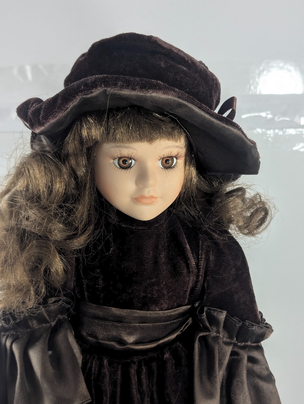 Vintage Victorian Porcelain Doll in Brown Velvet Dress with Umbrella and Stand
