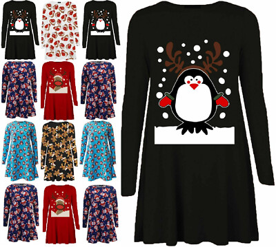 Neues ausgestelltes Langarm-Skaterkleid SWING Midi-Shirt für Damen Oberteil UK-Größe