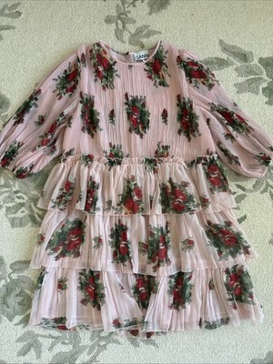 GANNI Pleated Georgette Mini Chiffon Dress Cherry Blossom Large
