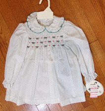 Vintage Polly's Stuff Flinders Smocked Dress 2T White Green Polka Dot Christmas