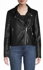 NWOT Saks Fifth Avenue Bagatelle Faux Leather Moto Jacket Black Quilted Size L