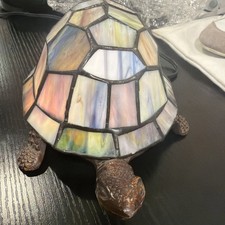 Vtg Tiffany Style Stained Glass and Bronze Turtle Lamp Night Light On/Off Switch