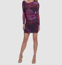 Guess Women's Purple Printed Ruched Asymmetric Long Sleeve Dress Size 2