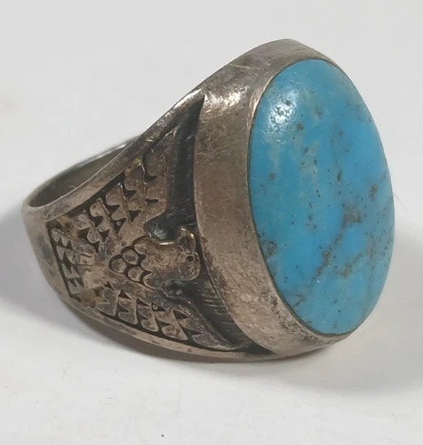 Vtg Native American Thunderbird Sterling Silver Turquoise Ring Sz. 11.25 Signed