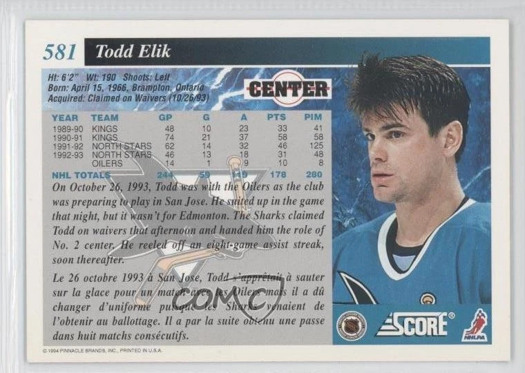 1993-94 Score Canadian Todd Elik #581 - Image 2 of 2