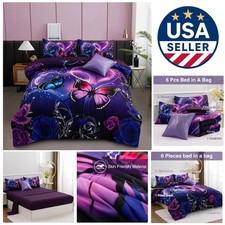Whimsical 6-Piece Butterfly Bedding Set - Purple  Blue Full Comforter for Girls