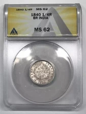 1840. (C) INDIA-BRITISH Silver 1/4 RUPEE ANACS MS-62 - KM#453.4 -  34 Berries