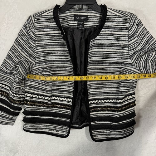 ASHRO Tweed Jacket Dress Suit Set Size 12 Striped Black White Business Classic - Picture 17 of 19