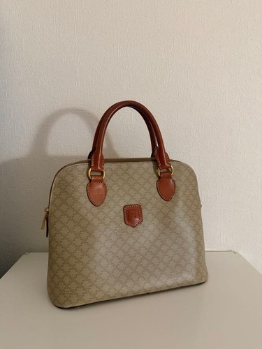 Celine Macadam Handbag Vintage PVC Leather Beige Brown Classic Bag Elegant
