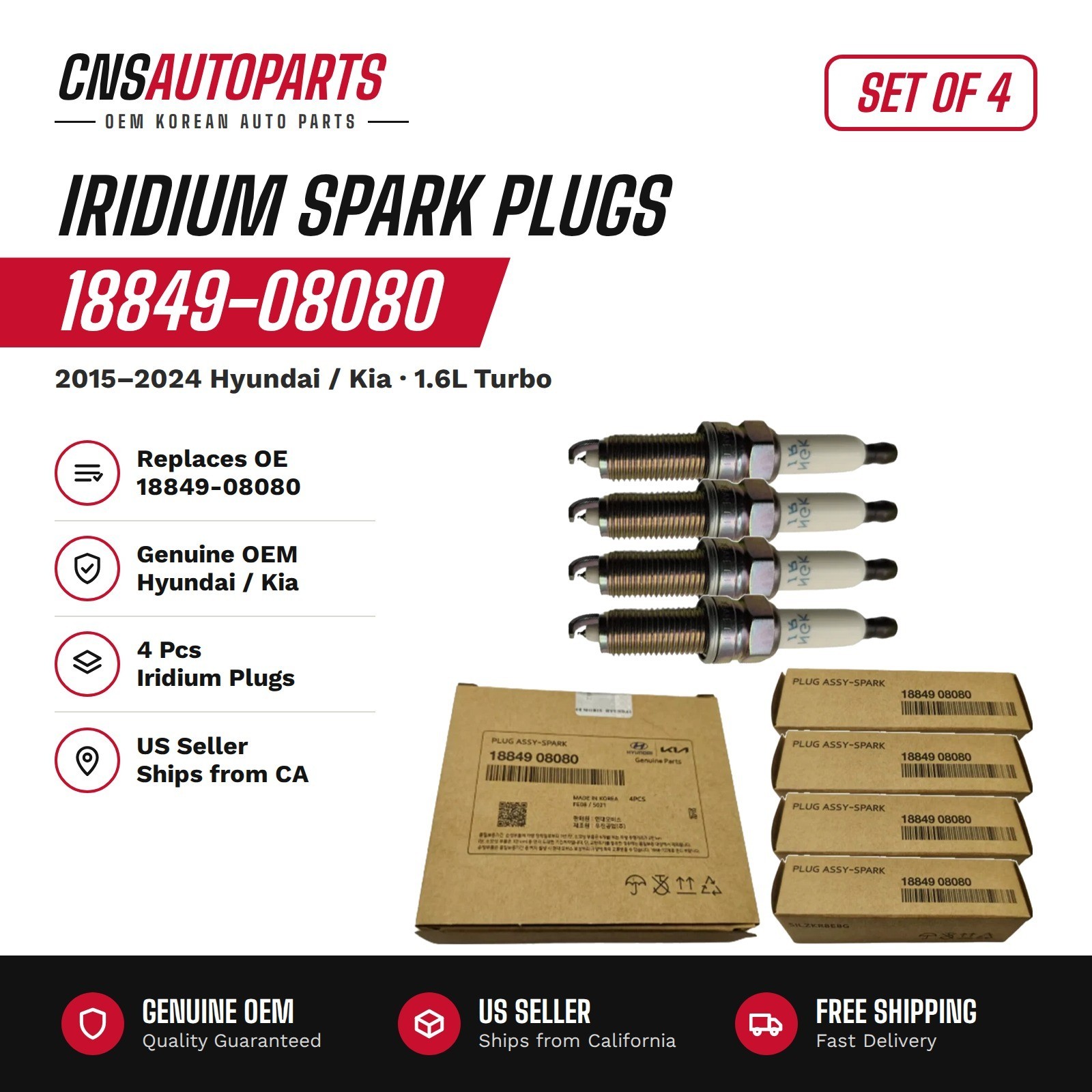 Genuine 4PCS Spark Plug for 2015-2024 Hyundai Kia 1.6L Turbo Models 18849-08080