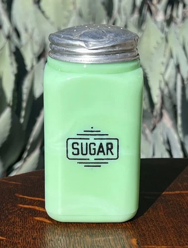 MCKEE JADEITE SUGAR RANGE SHAKER GREEN MILK OPAQUE URANIUM GLASS LIDDED VINTAGE