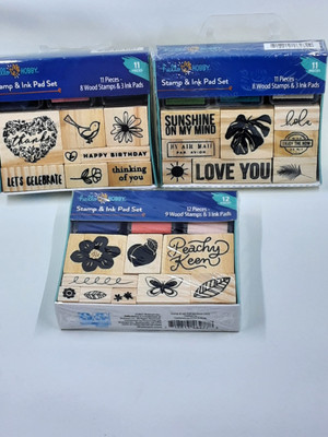 NEW Hello Hobby 3 Wood Stamp Sets W/ Ink Pads Dear Lizzy Jen Hadfield Heidi Swap