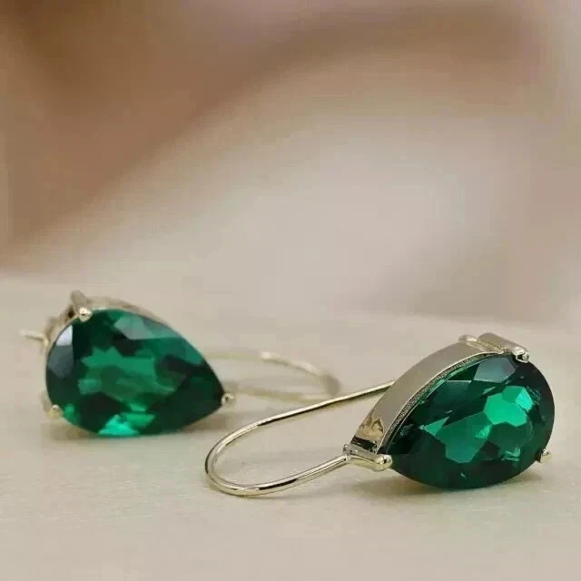 Lab Created Green Emerald 3Ct Pear Cut Drop/Dangle Earring 14K White Gold Plated - Image 2 of 4