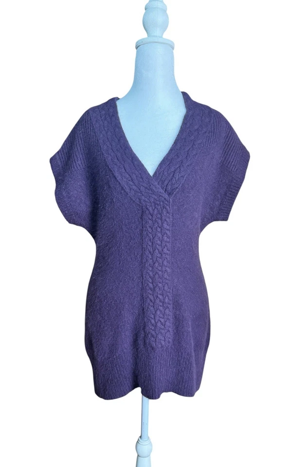 Chaleco Suéter Tejido con Cable Púrpura Y2K Oscuro Academia Cuello en V Difuso Mezcla Angora Talla S Foto 2 de 4