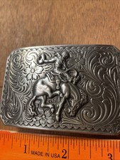 Vintage Western Cowboy Bronc Rider Belt Buckle Silver Toned Metal