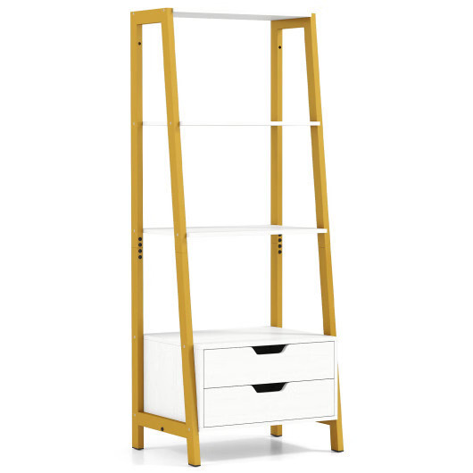 4-Tier Ladder Shelf with 2 Drawers 52.5 Inch Tall Freestanding Bookcase-White -