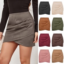 Womens Faux Suede Bodycon Zip Up Skirts Mini Ruched Sexy Dress Party Skirt Size