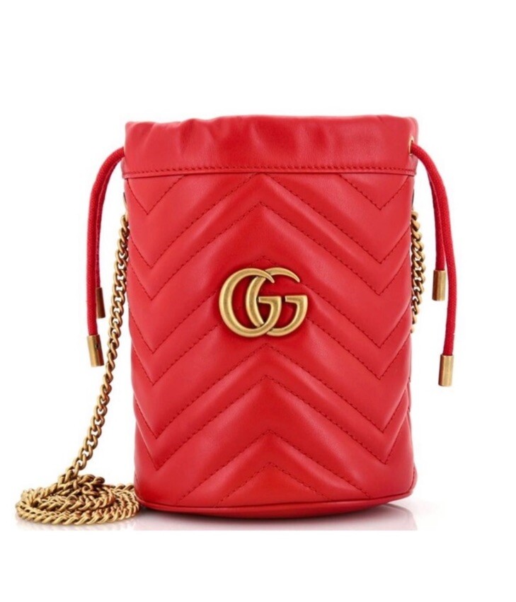 Gucci Marmont Mini Drawstring Bucket Bag Leather, Crossbody Chain Purse, Red