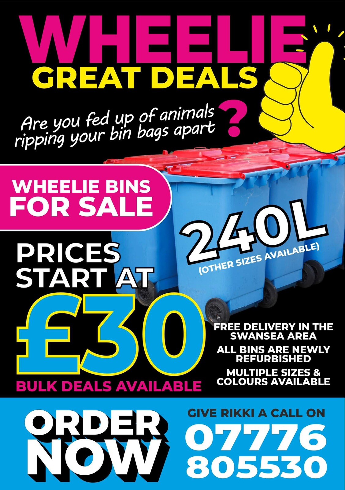 240 Litre Wheelie Bin Standard Household Council Bin UK Refurbished