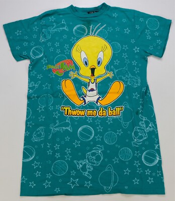 Rare VTG Space Jam Tweety Bird Throw Me Da Ball All Over Print T Shirt 90s  WM OS