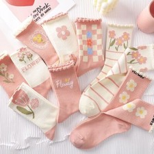 5 Pairs Women Ladies Girls Cotton Sock Pink Flower Business Socks Casual Socks