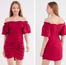 Urban Outfitters Off the Shoulder Ruched Mini Dress Puff Sleeve size 10 Pink