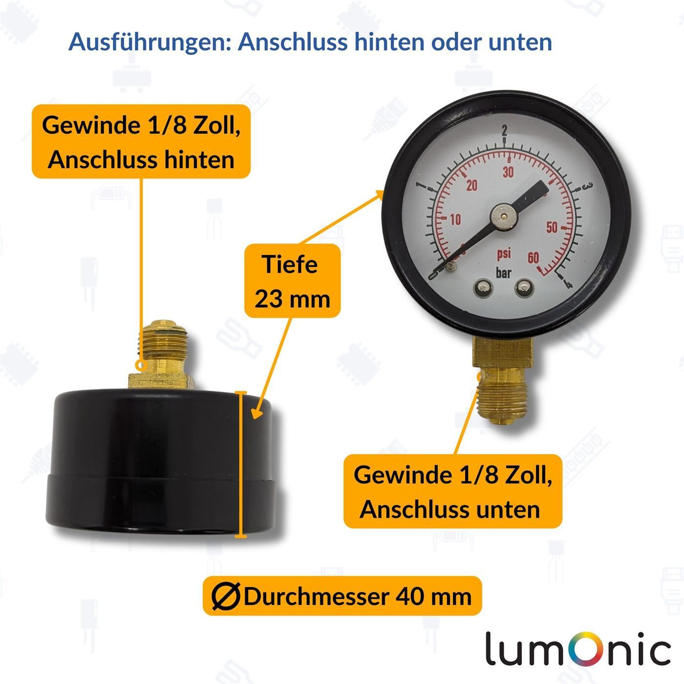 Mesure Pression Eau Manomètre Lumonic 0-10bar - 1/4 Pouce Arrière, Classe 2.5, Pour Air Et Eau Manomètre Industriel