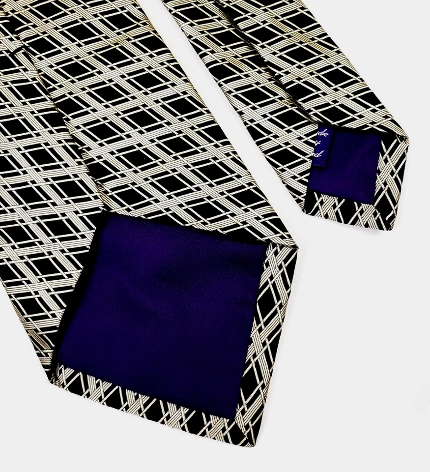 Ralph Lauren Purple Label Wide Plaid Tie 4" Silk 59L Black & Beige - Imagem 3 de 4