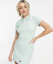 Urban Revivo Ribbed Polo Collar Mini Dress Mint Green Short-Sleeve Size 8 Preppy